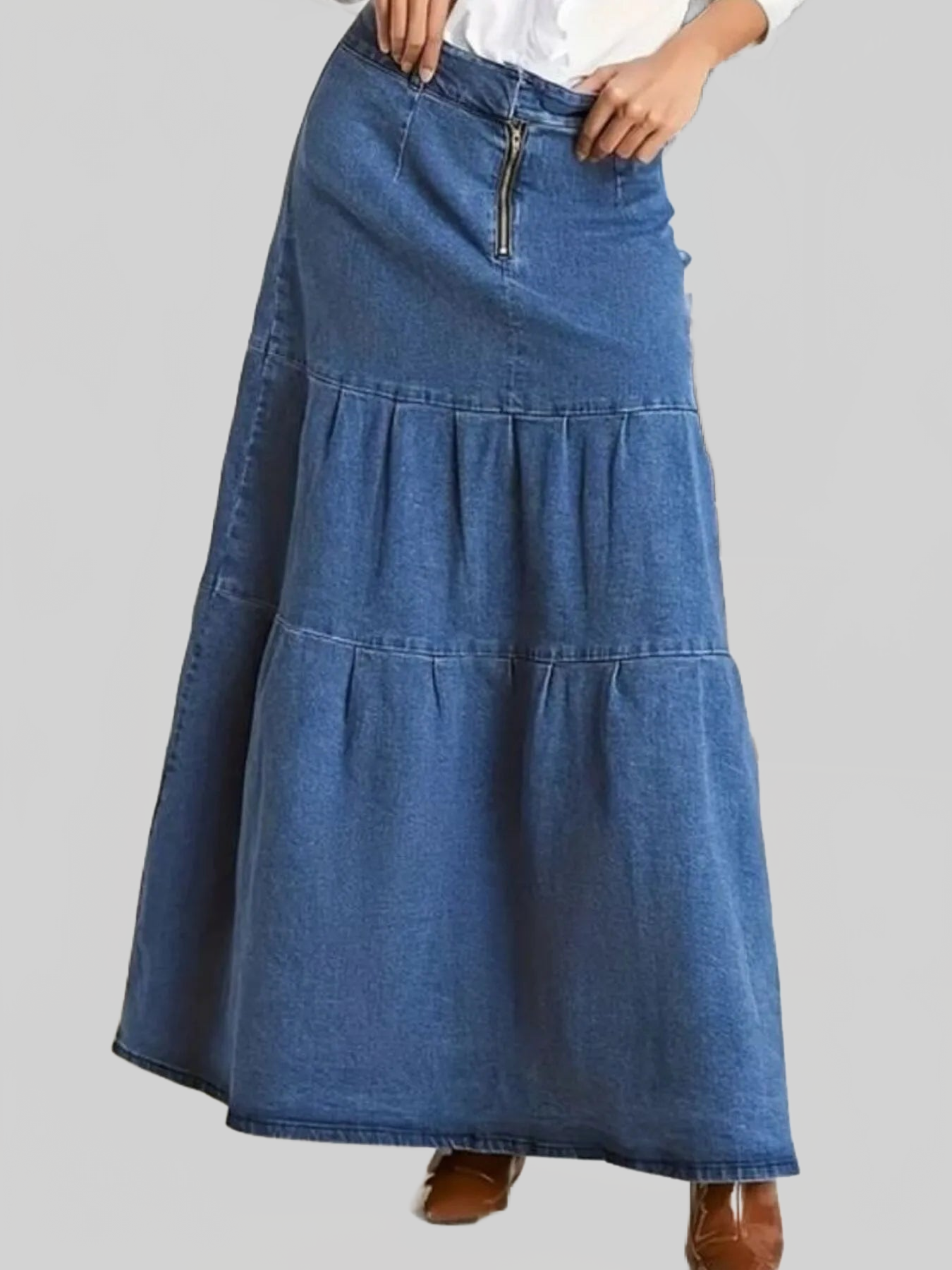 Tiered Maxi Denim Skirt with Zipper Detail nicholesgifts