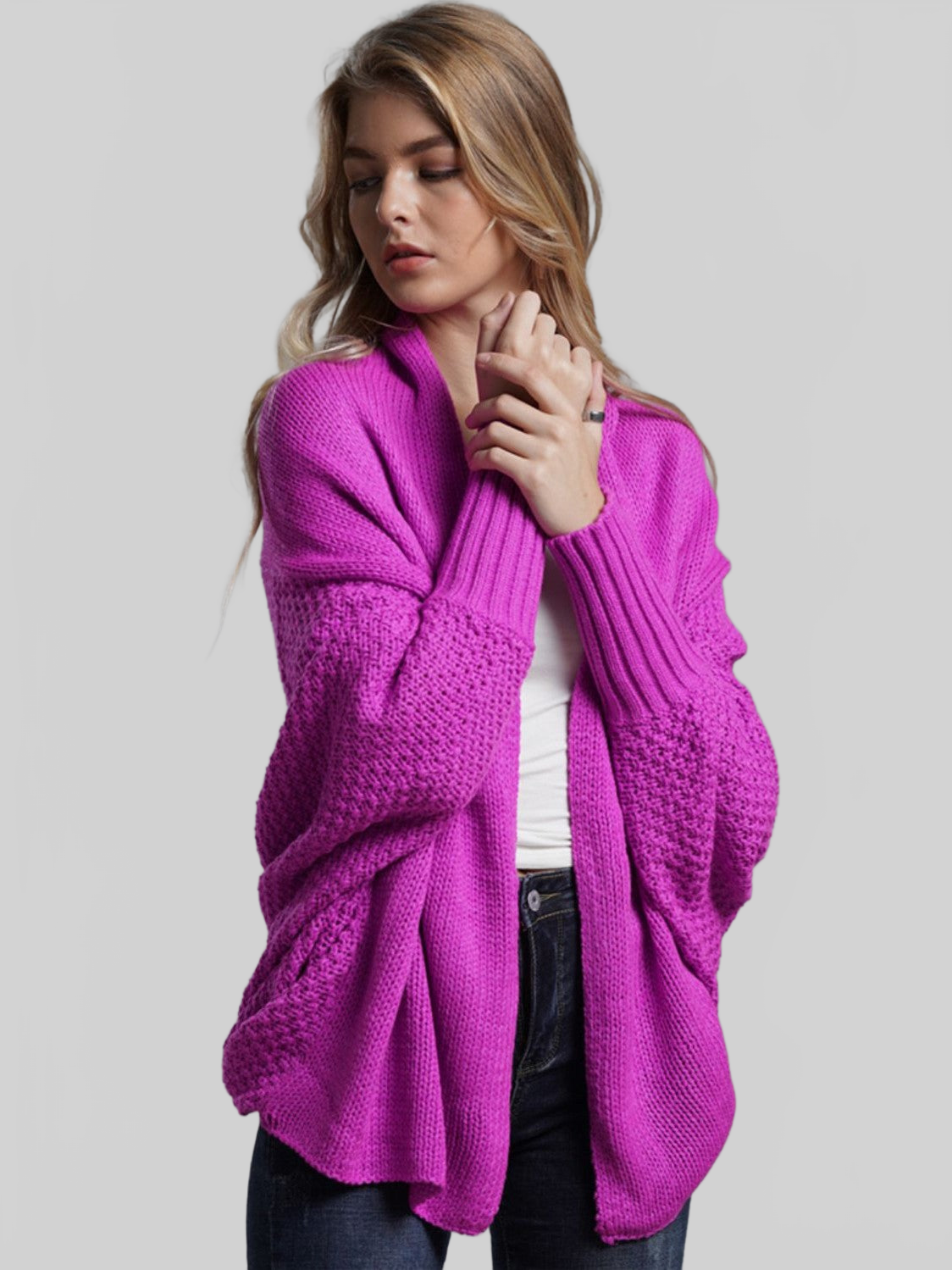 Dolman Sleeve Open Front Ribbed Trim Longline Cardigan nicholesgifts