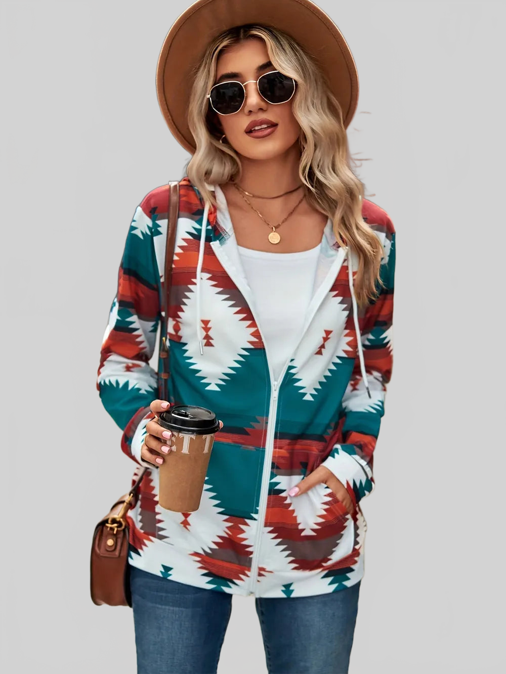 Geometric Zip Up Long Sleeve Hooded Jacket nicholesgifts