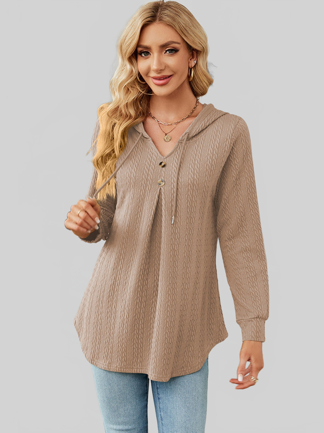 Women Decorative Button Drawstring Long Sleeve Hoodie nicholesgifts
