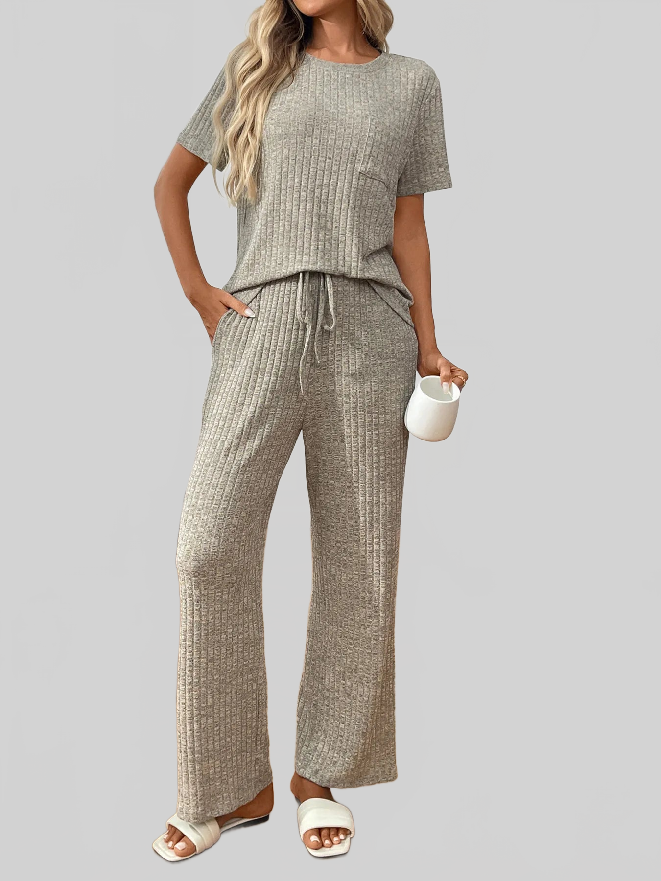 Ribbed Knit Short Sleeve Top and Pants Lounge Set nicholesgifts