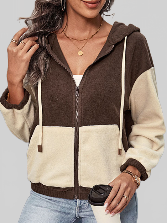 Women Perfee Two-Tone Zip-Up Dropped Shoulder Hooded Jacket NicholesGifts