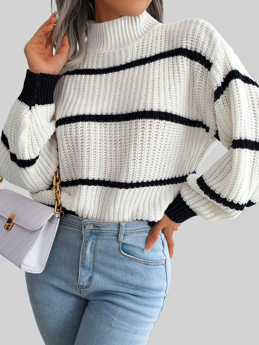 Striped Mock Neck Dropped Shoulder Sweater NicholesGifts