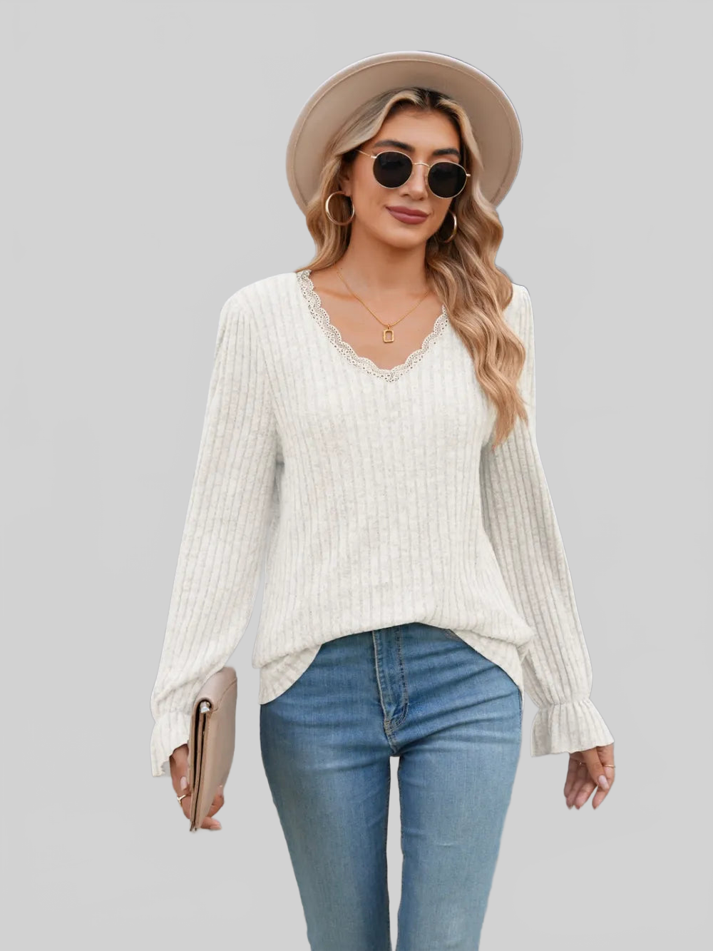 Lace Detail V-Neck Long Sleeve T-Shirt NicholesGifts