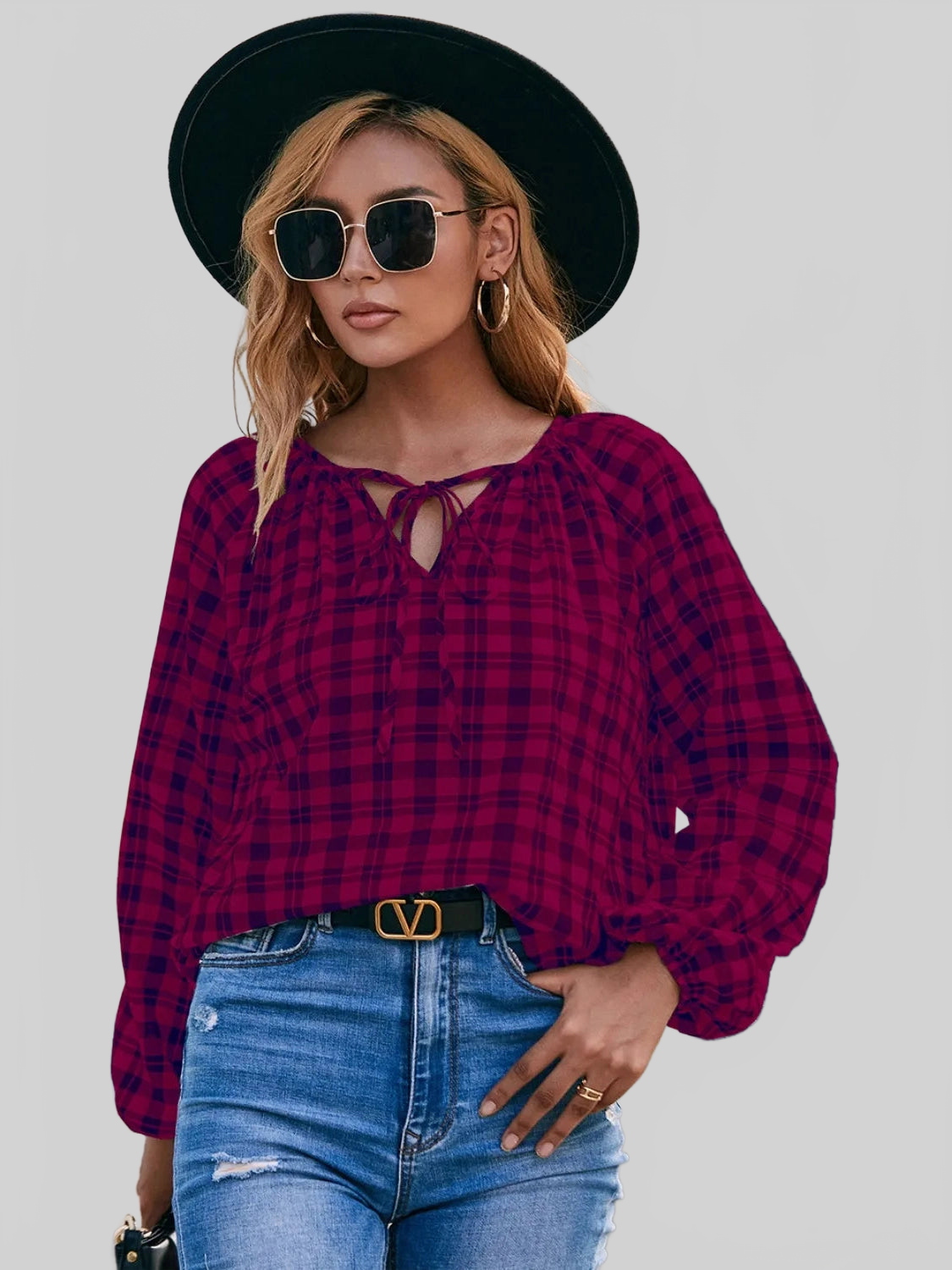 Ivy Lane Plaid Tie Neck Balloon Sleeve Blouse NicholesGifts