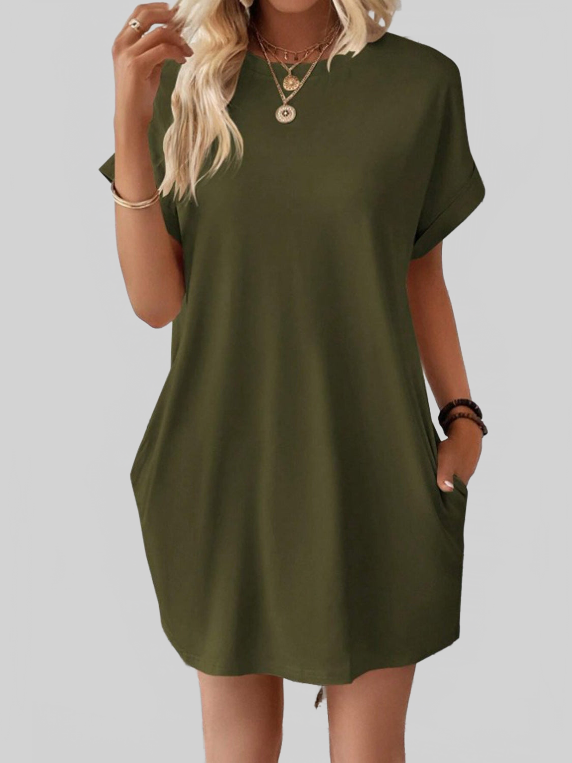Women Pocketed Round Neck Short Sleeve Dress NicholesGifts