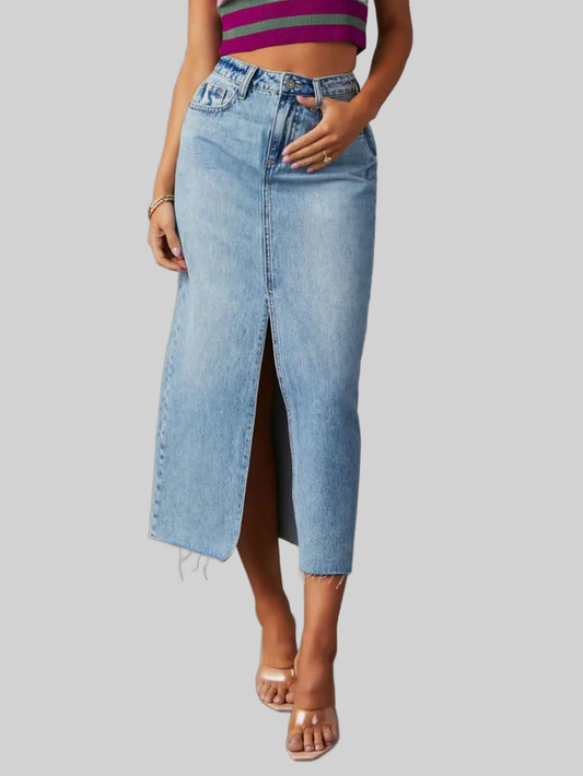 Raw Hem Front Slit Denim Midi Skirt nicholesgifts