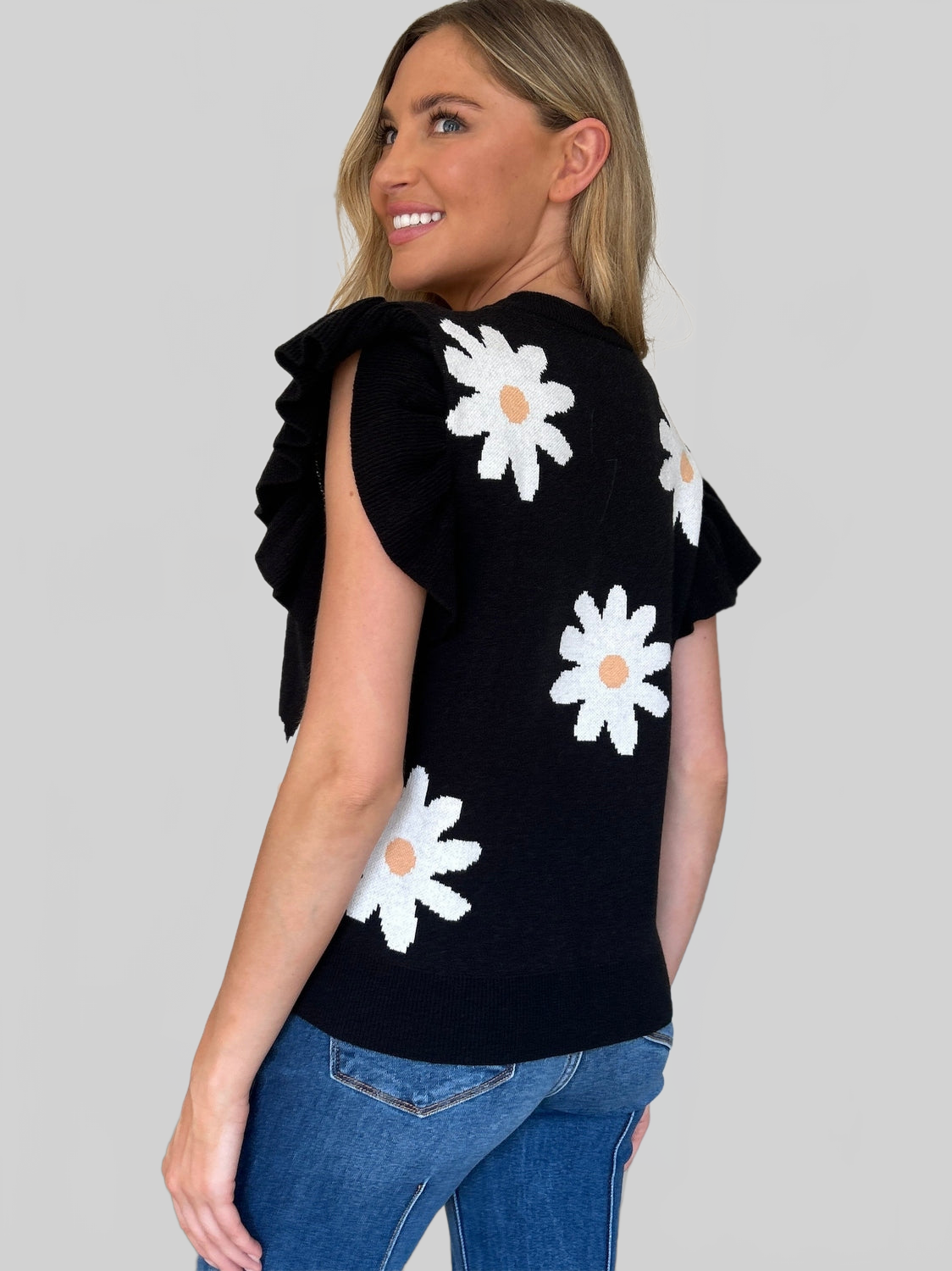 Women Double Take Full Size Ruffled Flower Round Neck Cap Sleeve Black Top NicholesGifts