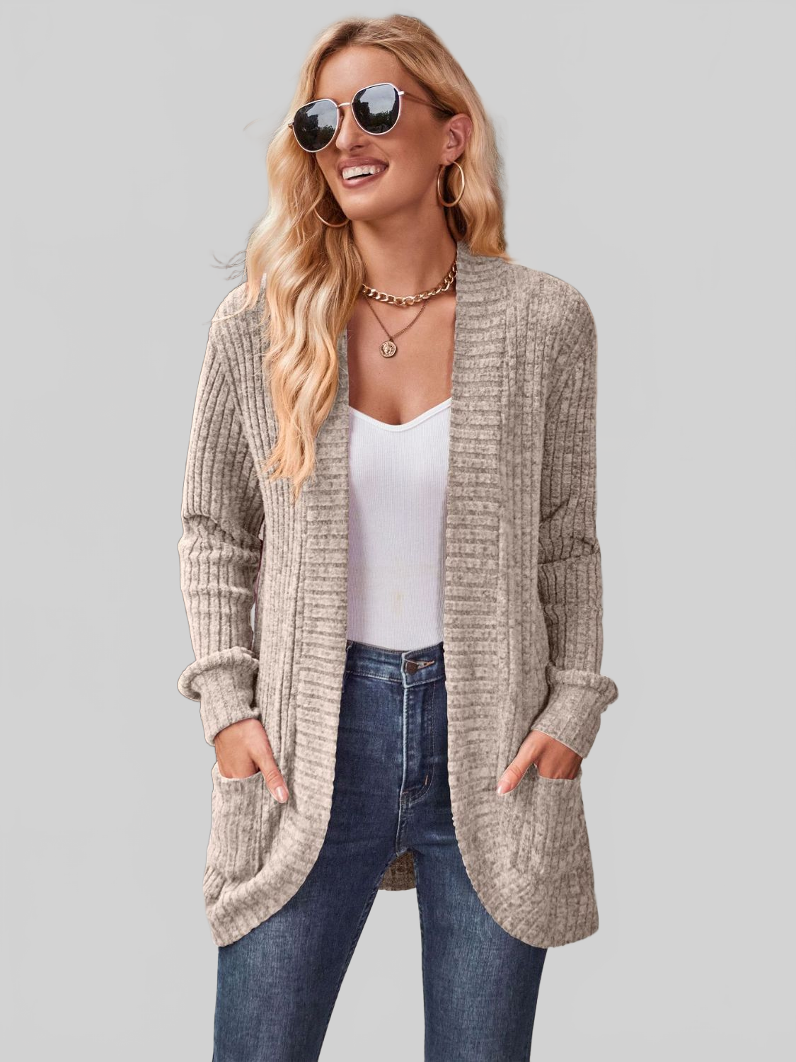 Women Open Front Cardigan with Pockets nicholesgifts