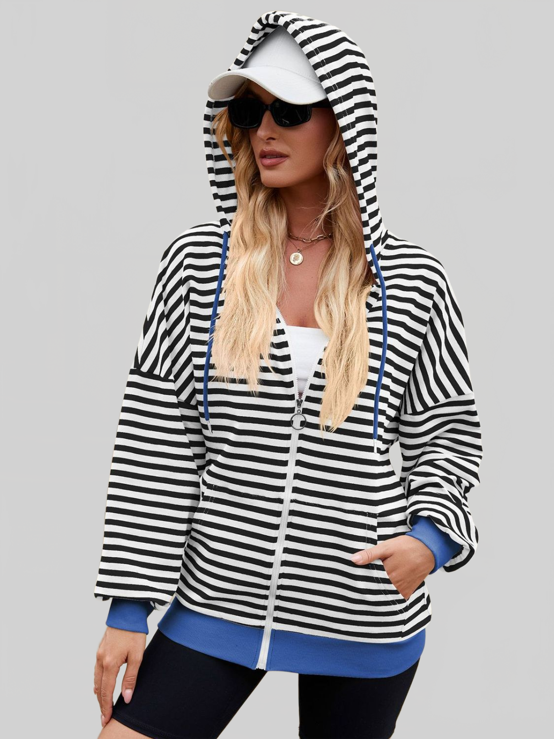 Women Drawstring Striped Zip Up Long Sleeve Hoodie nicholesgifts