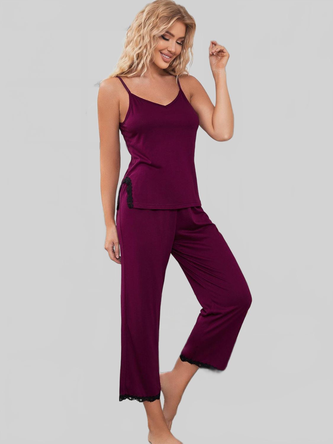 V-Neck Lace Trim Slit Cami and Pants Pajama Set nicholesgifts