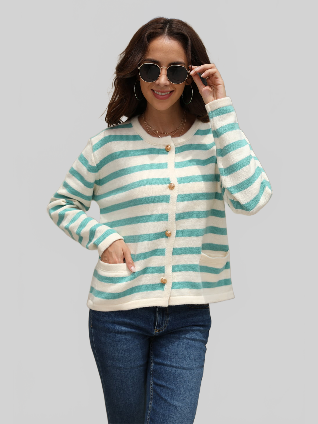 Angel Wings Striped Round Neck Button-Down Dropped Shoulder Cardigan nicholesgifts