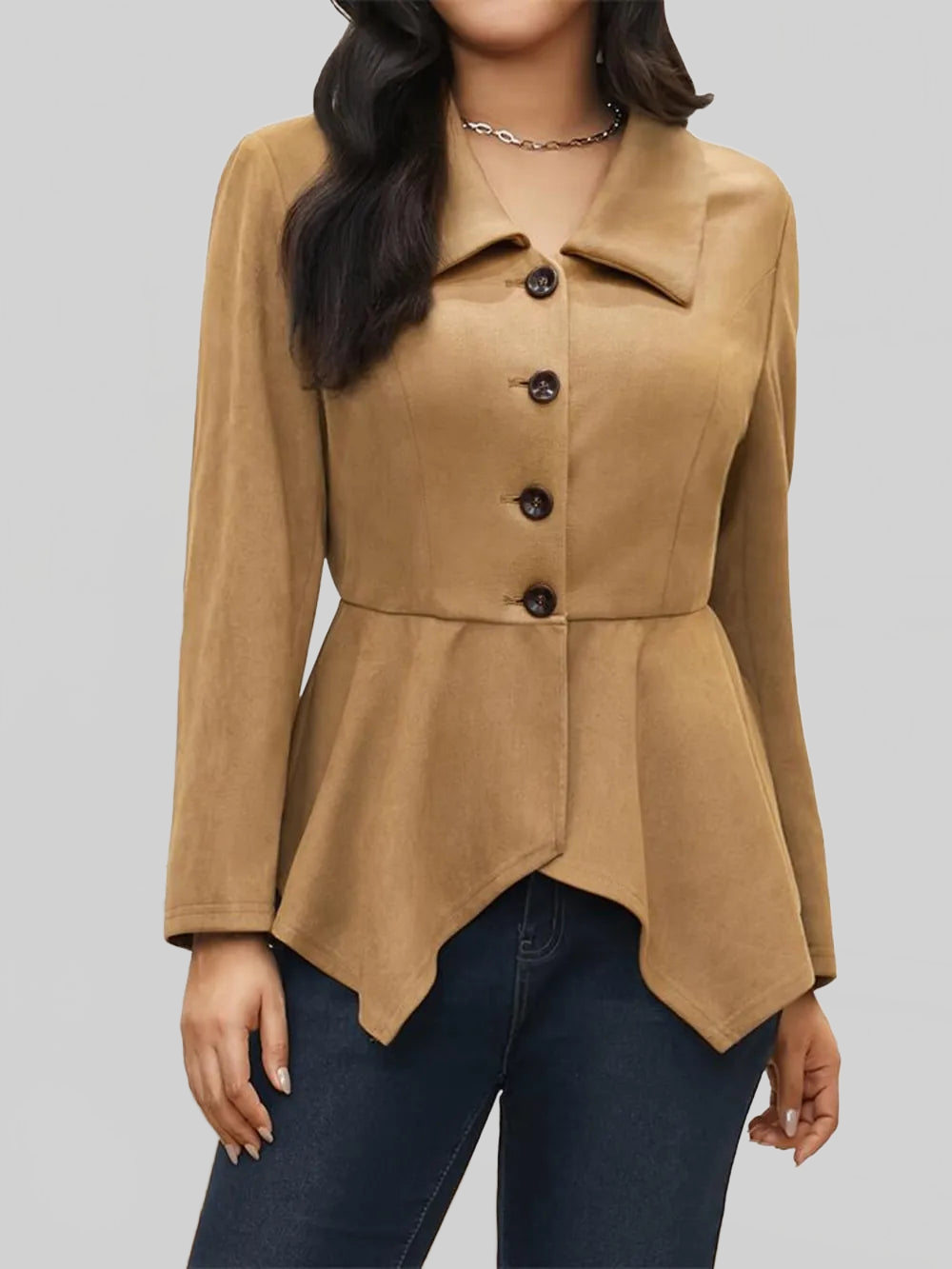 Handkerchief Hem Button Up Collared Neck Jacket nicholesgifts