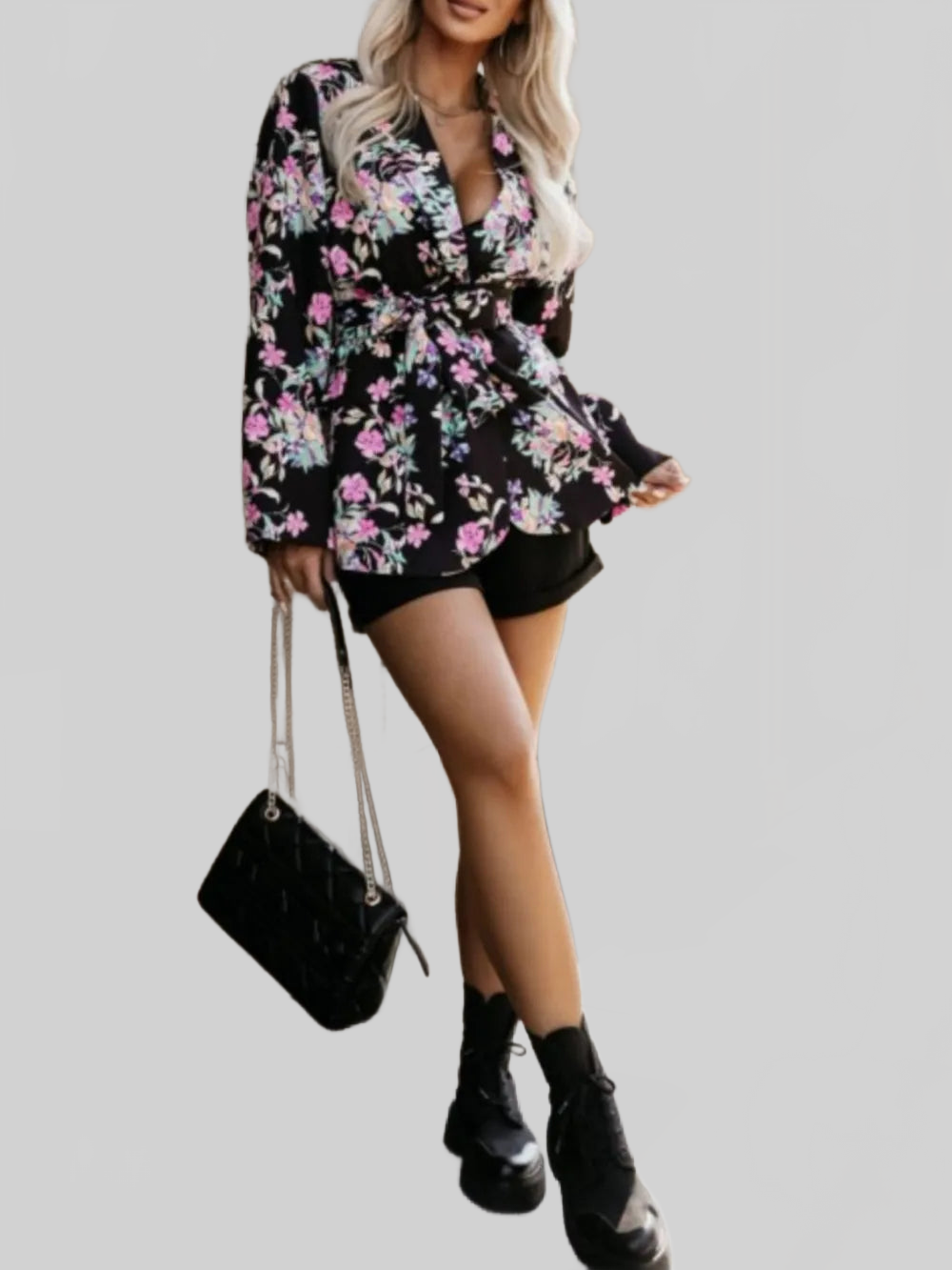 Tied Printed Collared Neck Long Sleeve Jacket nicholesgifts