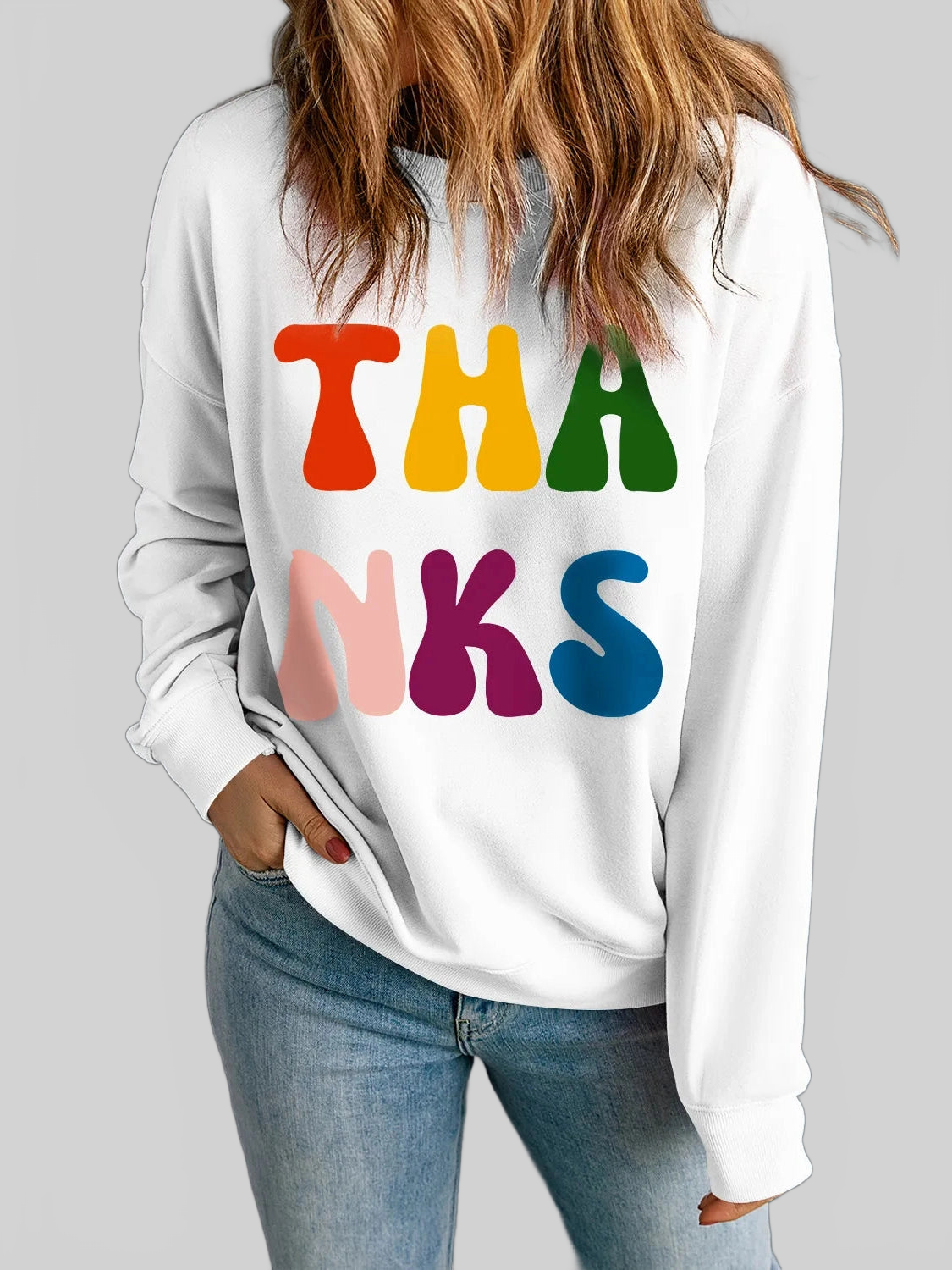 THANKS Round Neck Long Sleeve Sweatshirt nicholesgifts