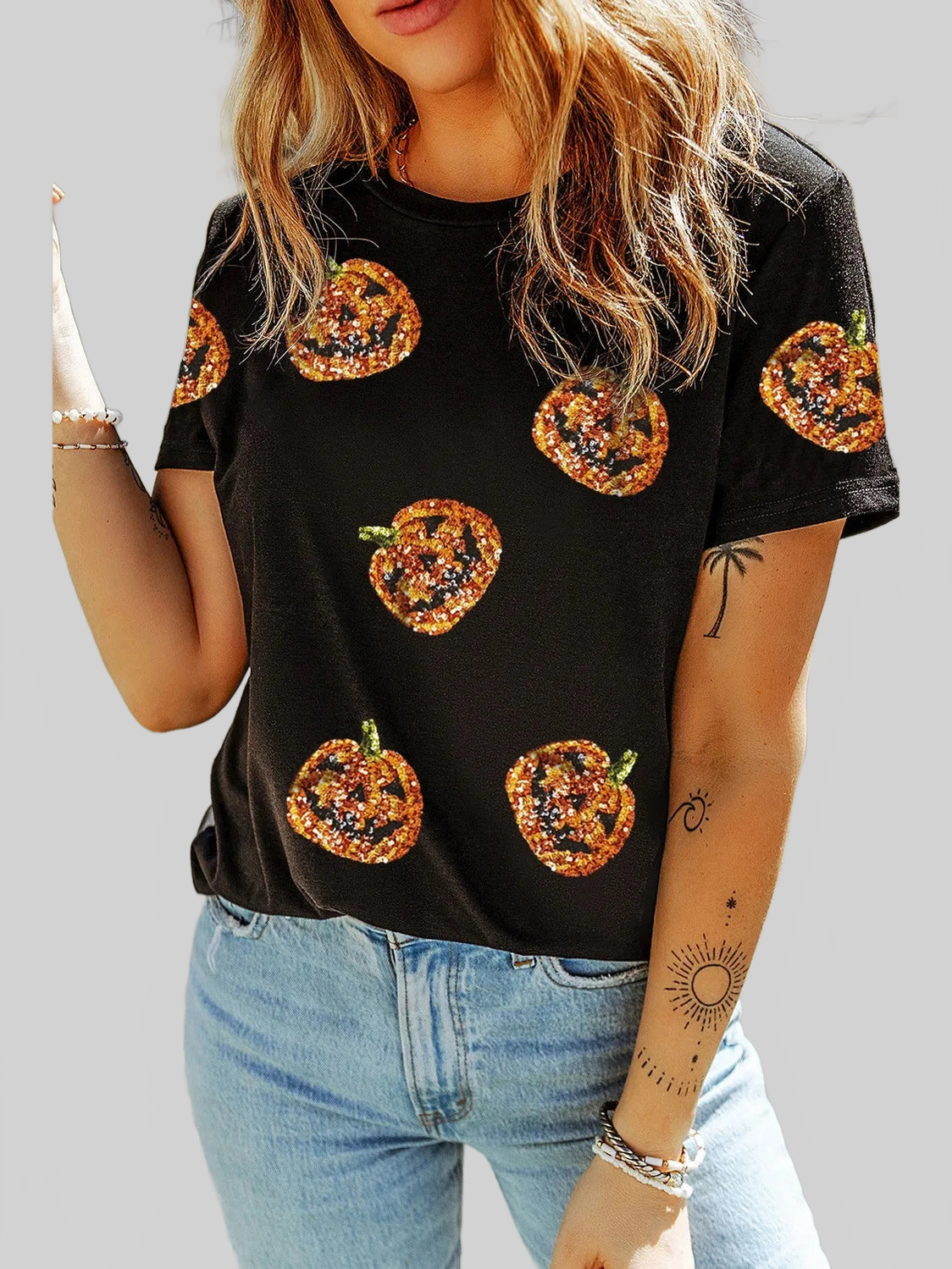 Sequin Pumpkin Round Neck Short Sleeve T-Shirt nicholesgifts
