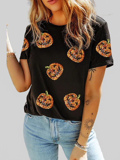 Sequin Pumpkin Round Neck Short Sleeve T-Shirt nicholesgifts