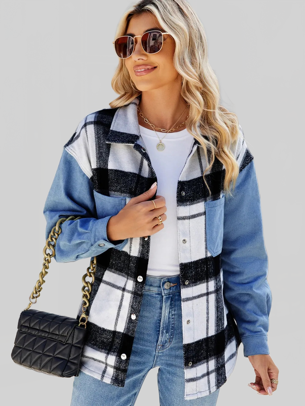 Pocketed Plaid Snap Down Denim Jacket nicholesgifts