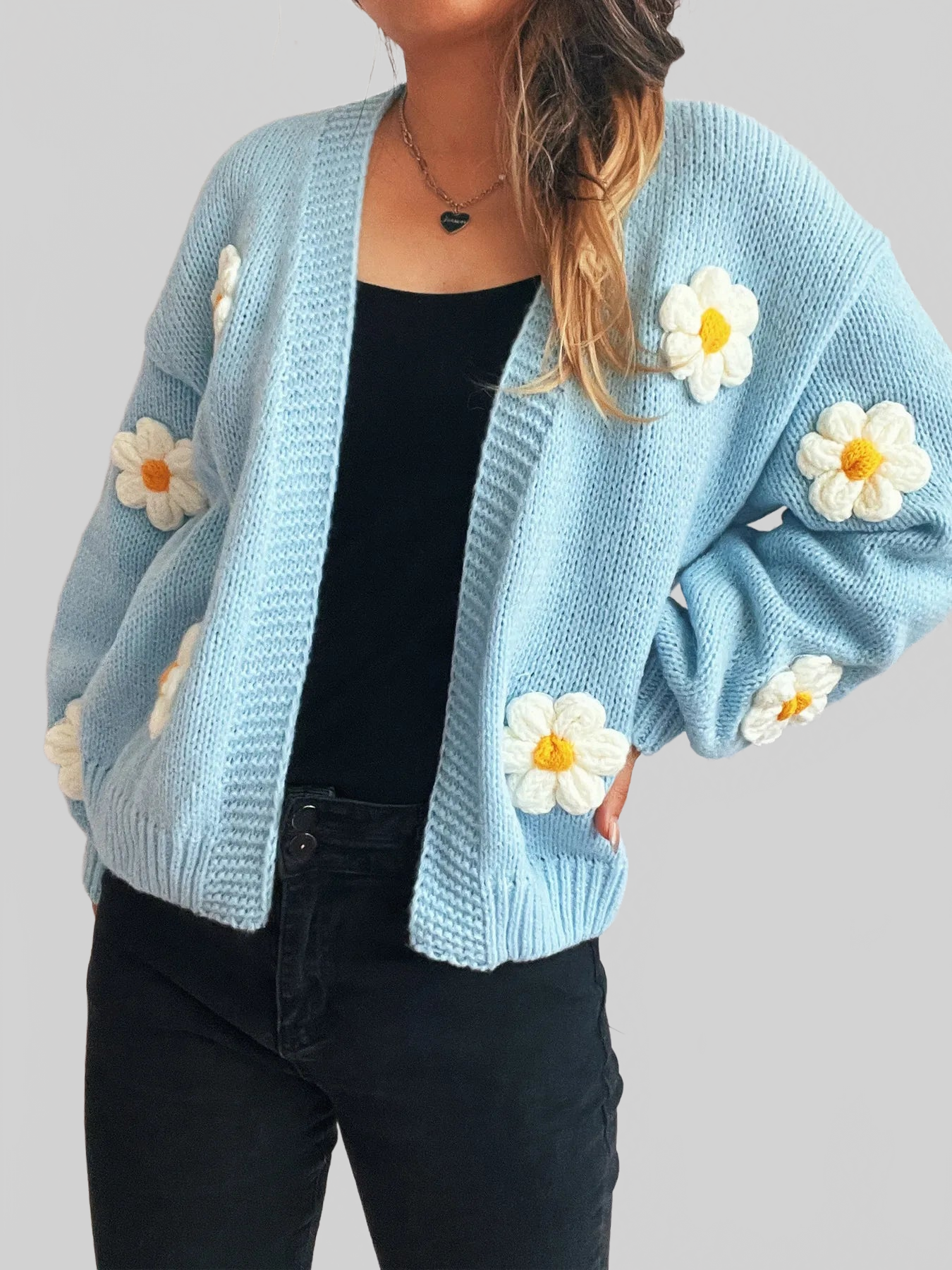 Flower Open Front Long Sleeve Cardigan nicholesgifts