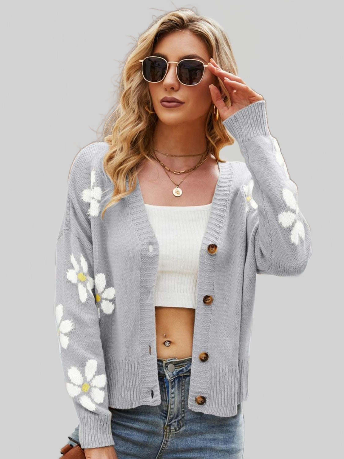 Floral Ribbed Trim Drop Shoulder Cardigan nicholesgifts
