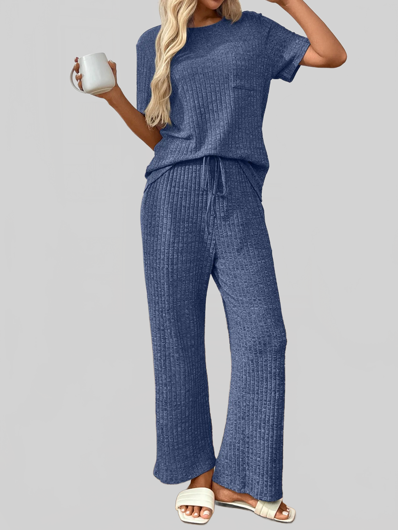 Ribbed Knit Short Sleeve Top and Pants Lounge Set nicholesgifts