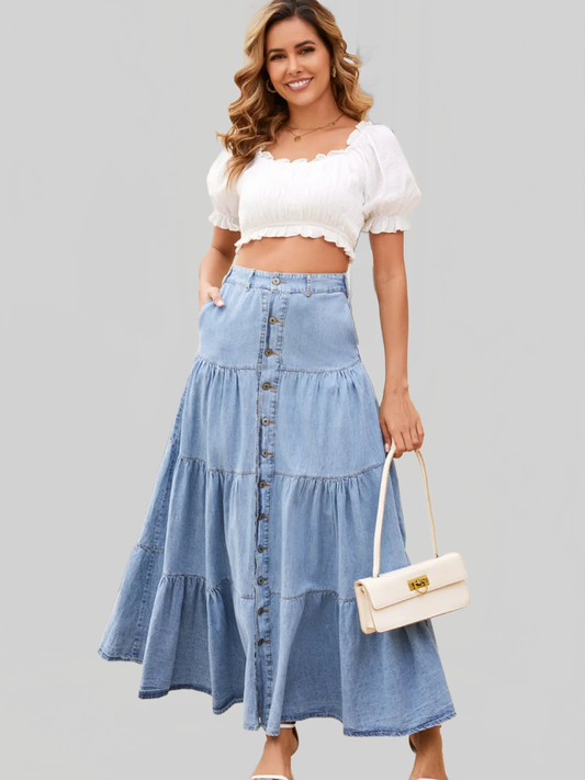 Button Front Tiered Denim Dress nicholesgifts