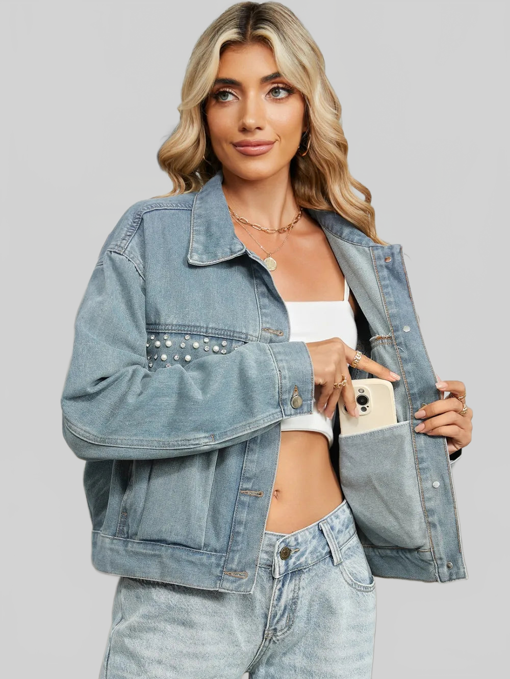 Rhinestone & Peal Trim Button Down Long Sleeve Denim Jacket nicholesgifts