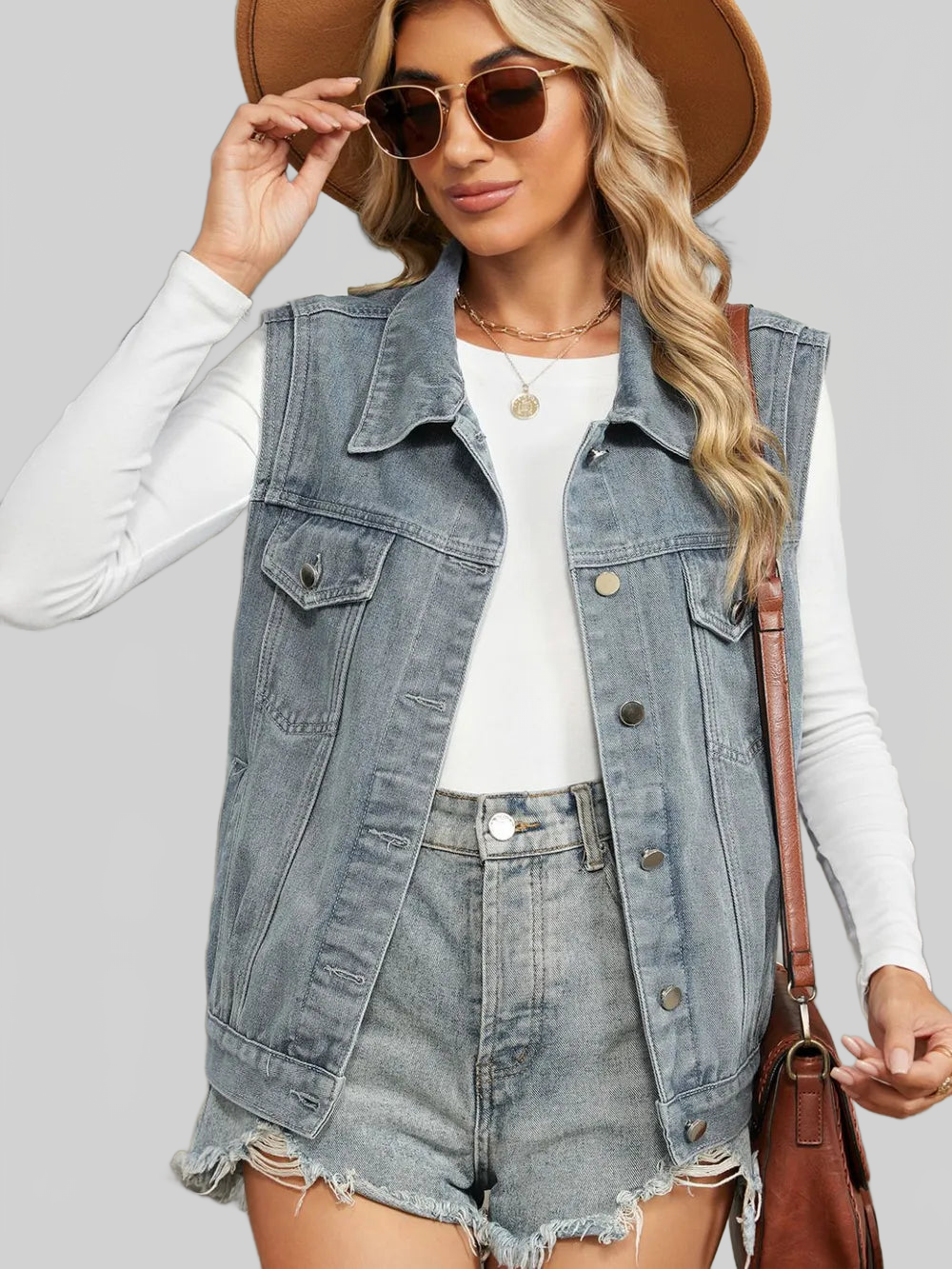Pocketed Button Up Sleeveless Denim Jacket nicholesgifts