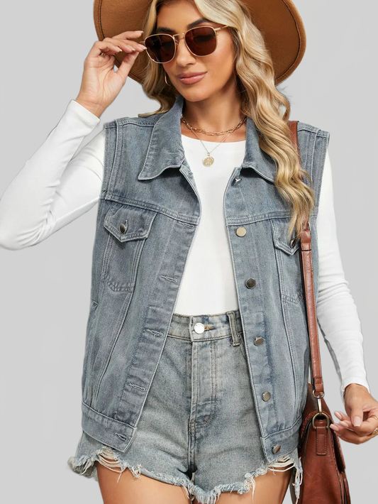 Pocketed Button Up Sleeveless Denim Jacket nicholesgifts