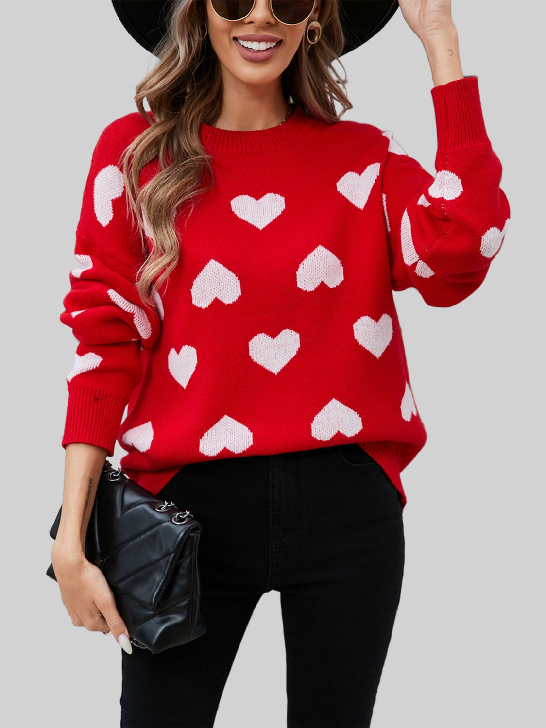 Women Heart Round Neck Long Sleeve Valentine's Day Sweater NicholesGifts