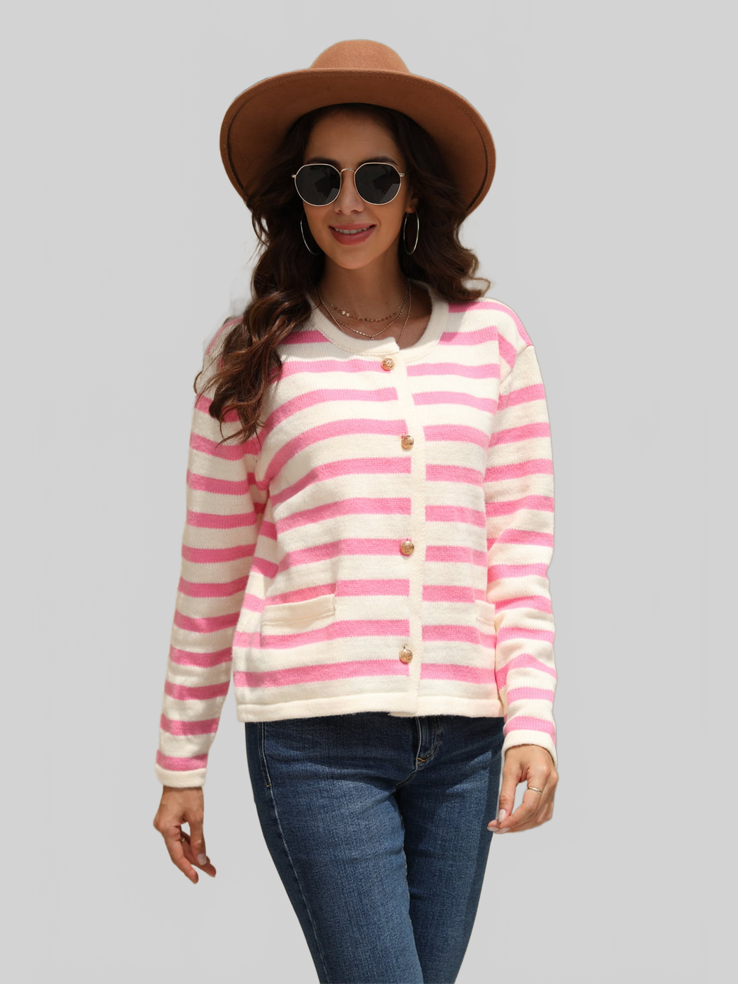 Angel Wings Striped Round Neck Button-Down Dropped Shoulder Cardigan nicholesgifts