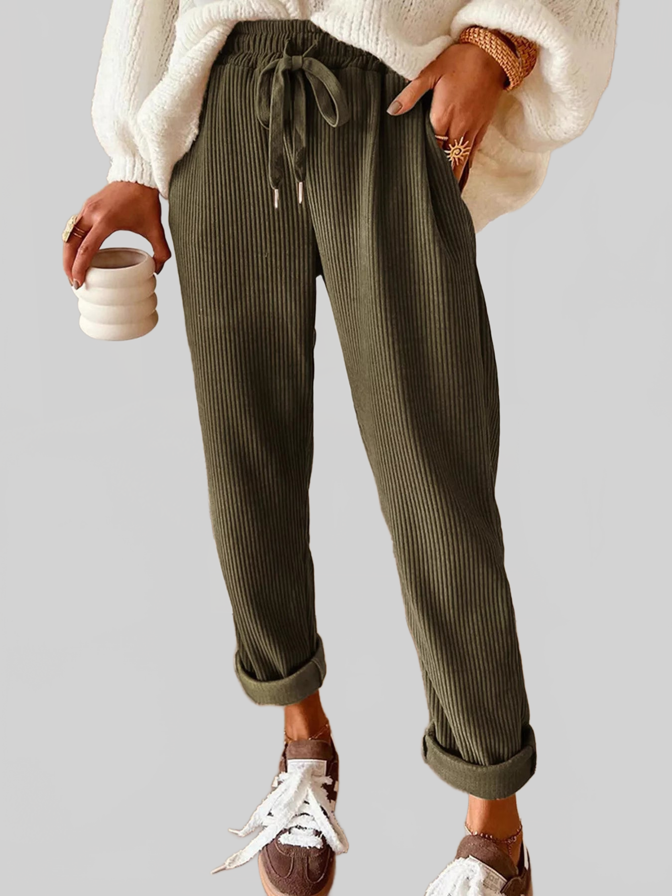 Women Casual Corduroy Drawstring Waist Pants nicholesgifts