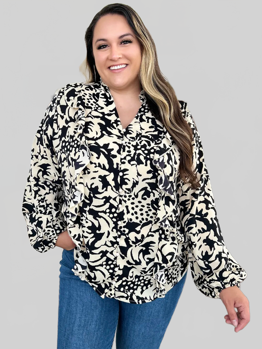 Women Double Take Full Size Printed Ruffle Trim Balloon Sleeve Shirt NicholesGifts