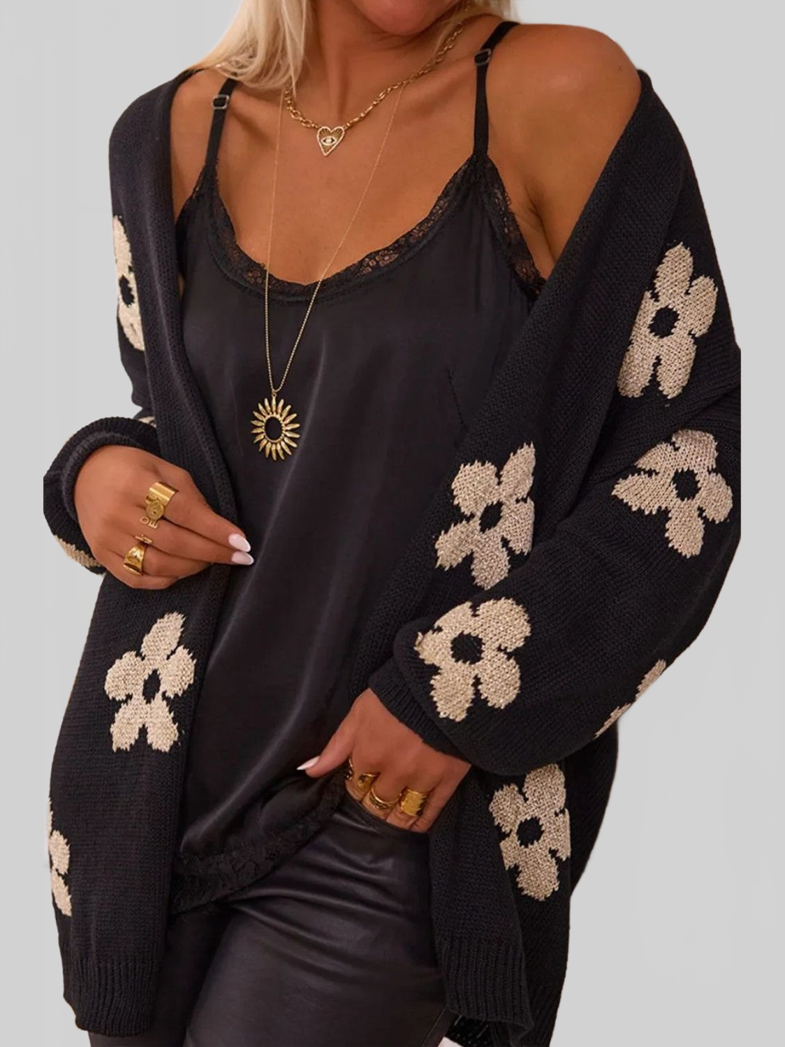 Women Flower Open Front Long Sleeve Cardigan Sweater NicholesGifts