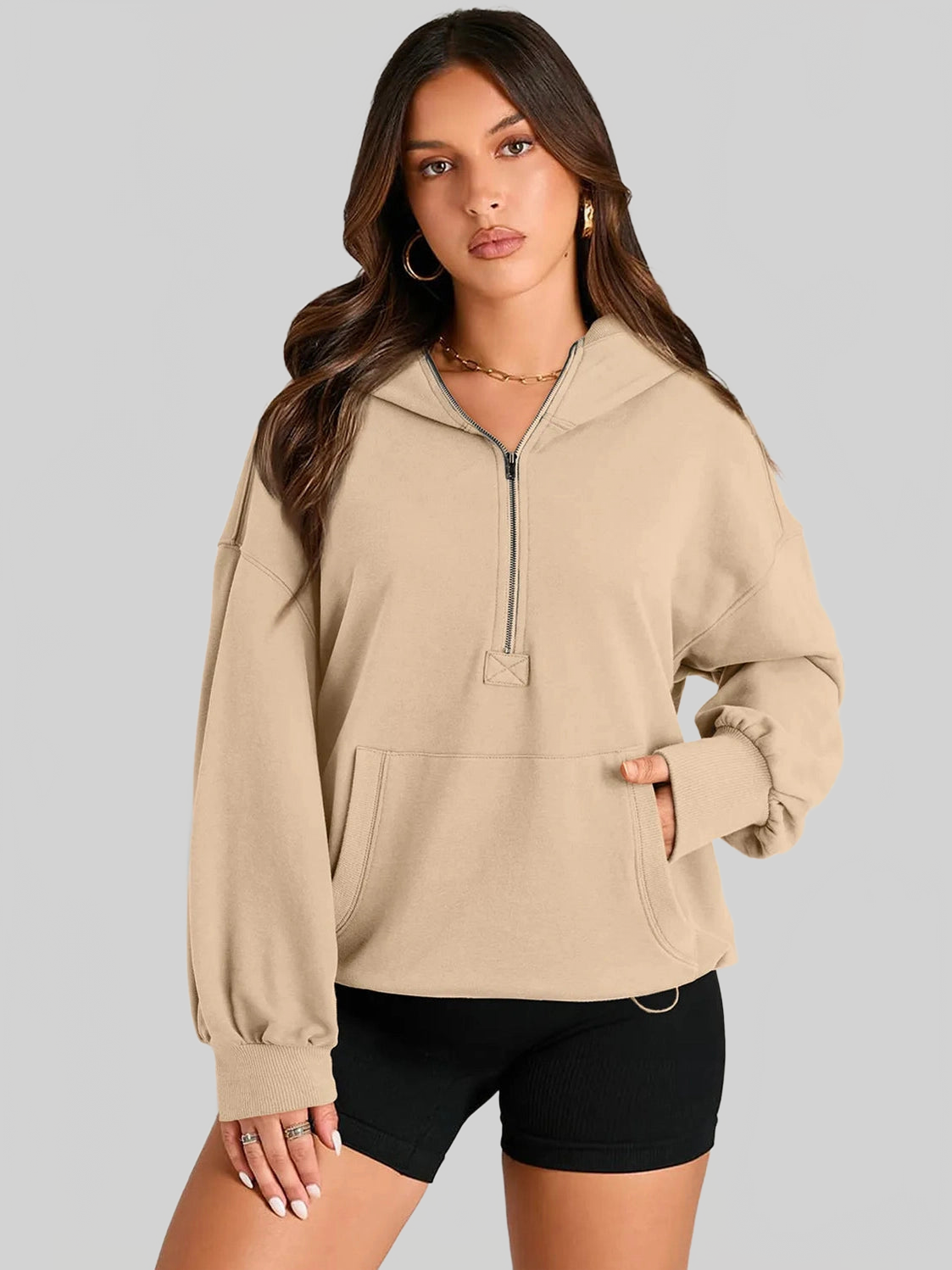 Pocketed Half Zip Long Sleeve Hoodie NicholesGifts