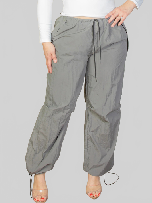 Plus Size Women Drawstring Waist Parachute Gray Colored Pants NicholesGifts