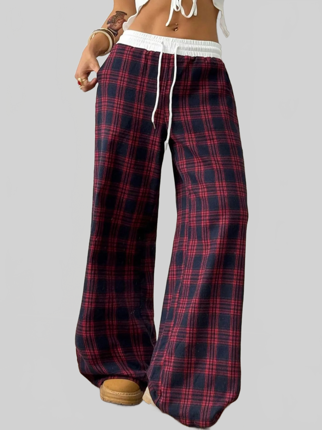 Women Plaid Wide-Leg Pants with Elastic Waistband nicholesgifts