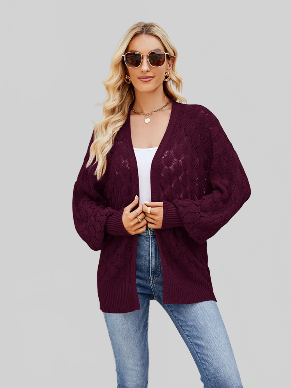 Women Openwork Open Front Lantern Sleeve Cardigan nicholesgifts
