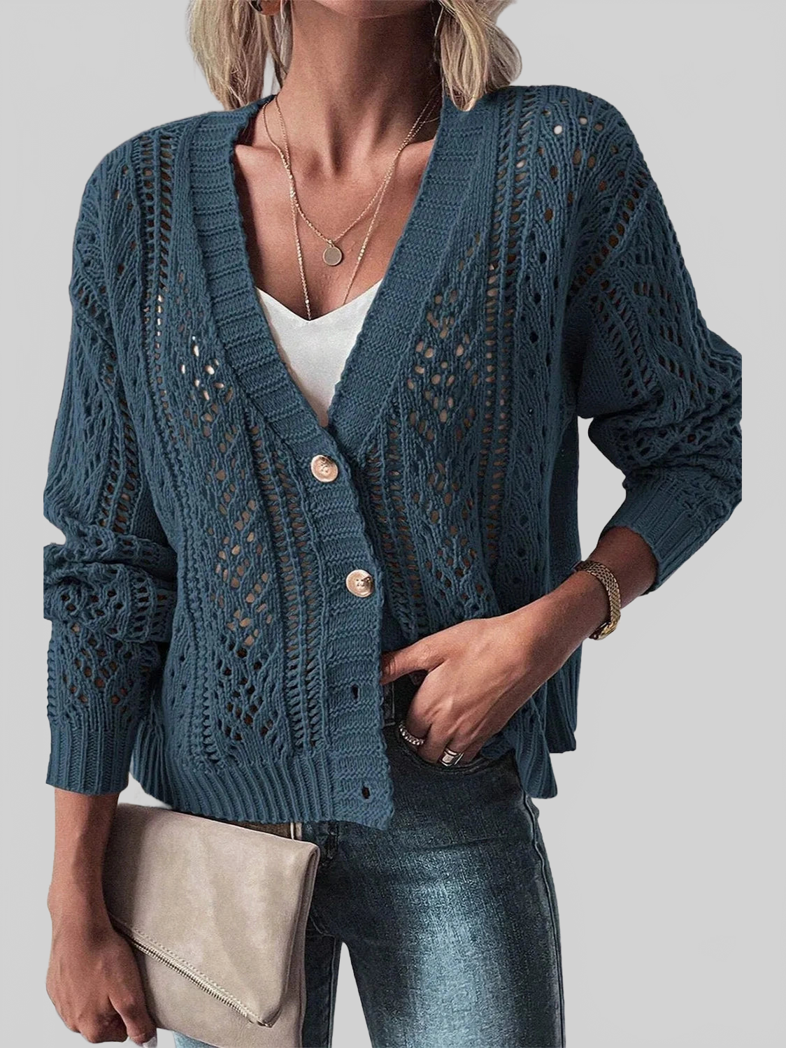 Openwork Button Up Long Sleeve Cardigan nicholesgifts