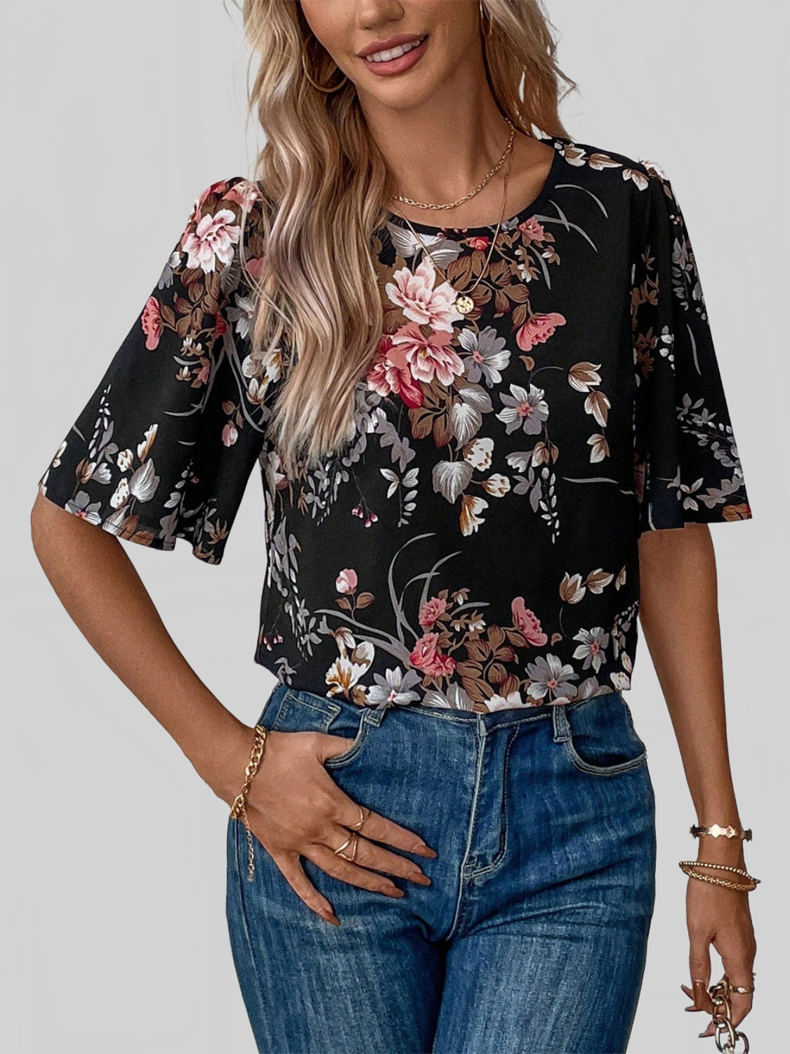 Floral Round Neck Half Sleeve Blouse nicholesgifts