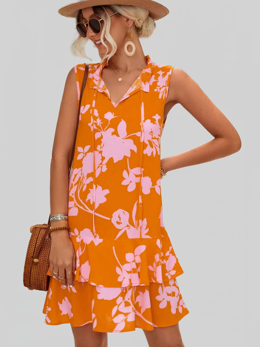 Printed Tie Neck Sleeveless Dress NicholesGifts