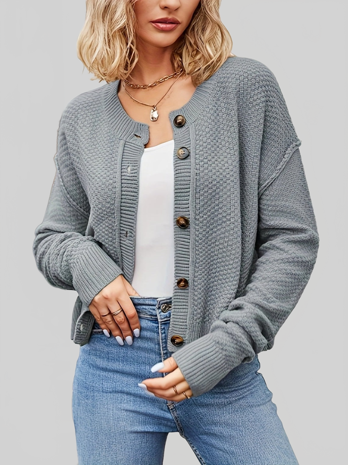 Women Button Up Dropped Shoulder Cardigan NicholesGifts