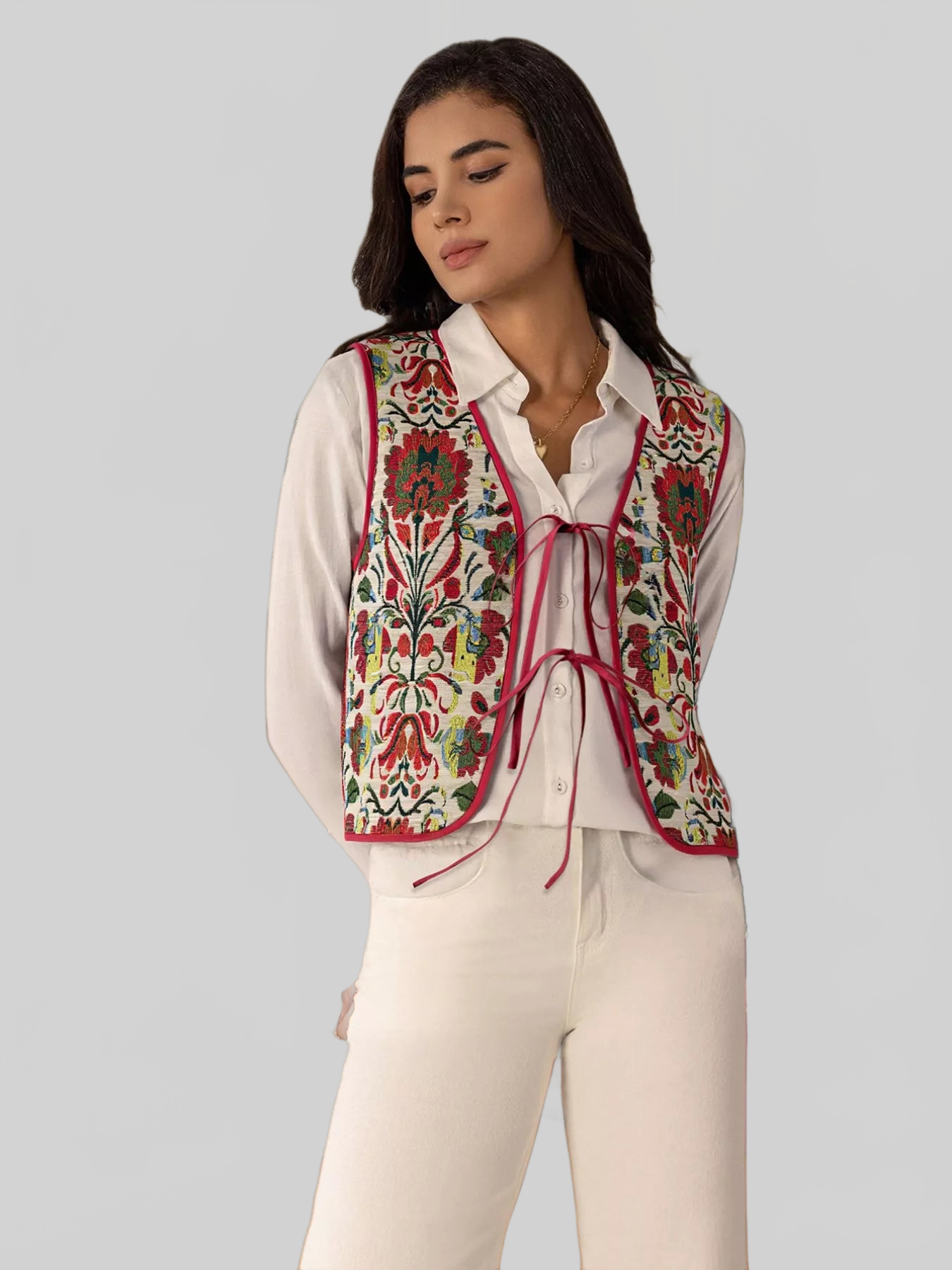 Floral Embroidered Tie-Front Vest Coat nicholesgifts