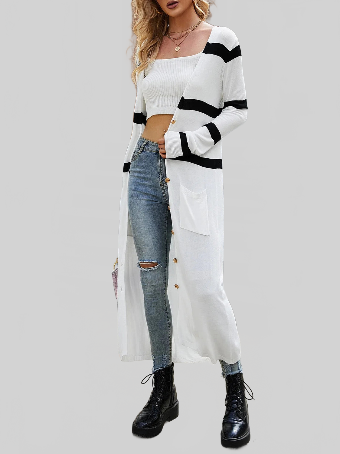 Women Pocketed Striped Button Up Cardigan nicholesgifts