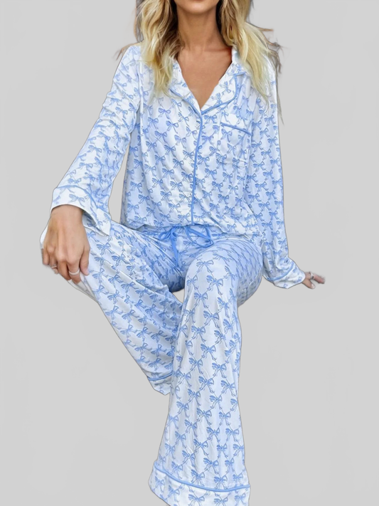 Bow Print Long Sleeve Shirt and Pants Pajama Set nicholesgifts