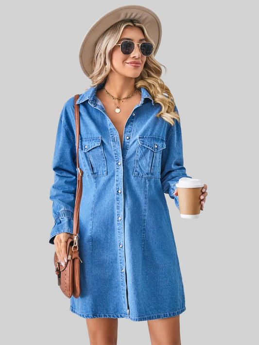 Pocketed Dropped Shoulder Mini Denim Dress nicholesgifts