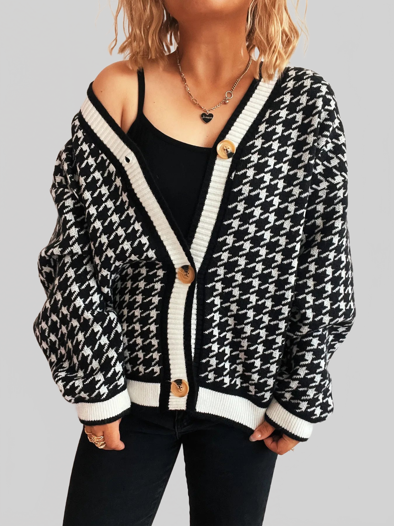 Women Houndstooth Pattern V-Neck Button-Up Cardigan Sweater NicholesGifts