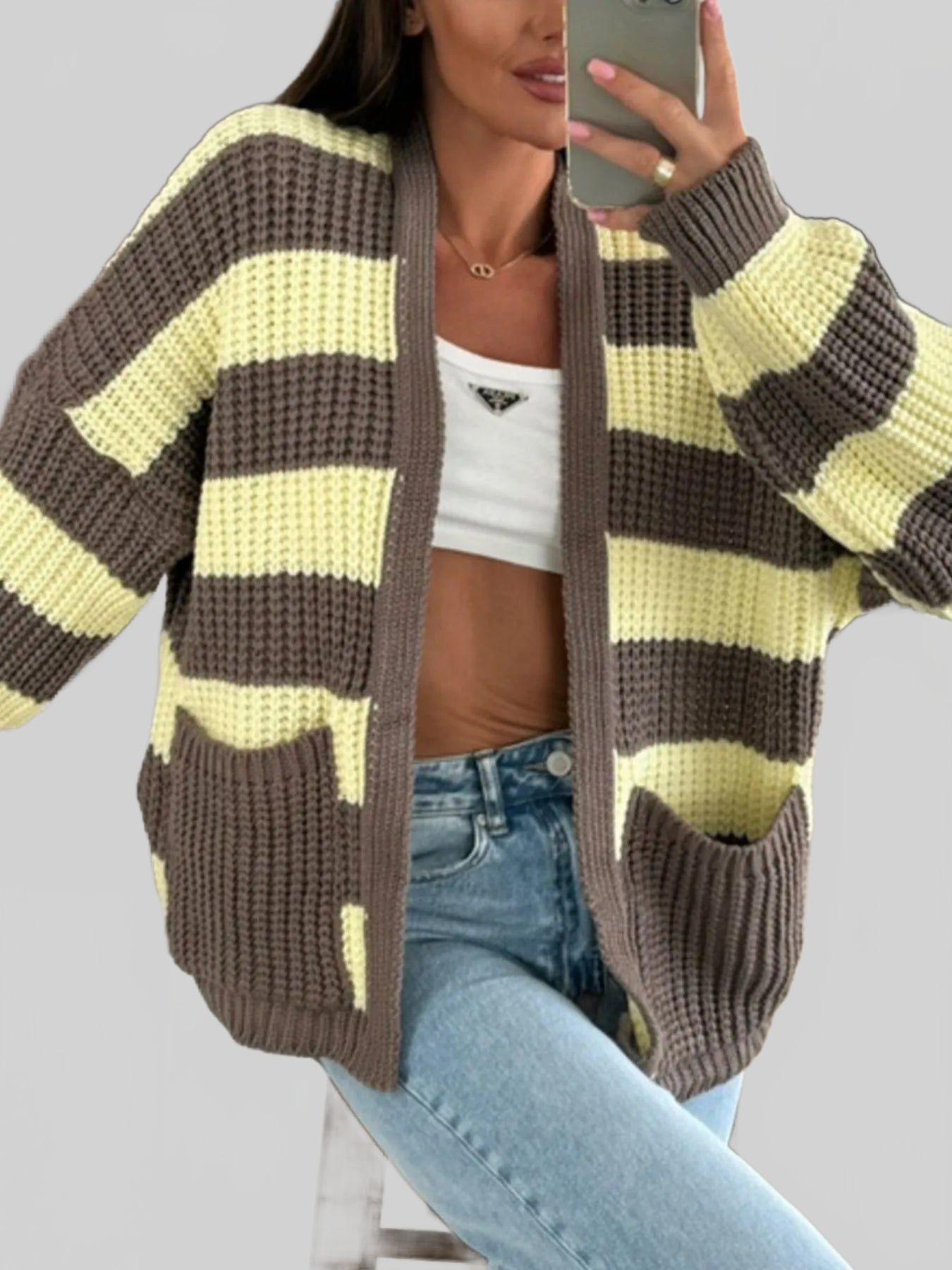 Striped Open Front Long Sleeve Cardigan nicholesgifts