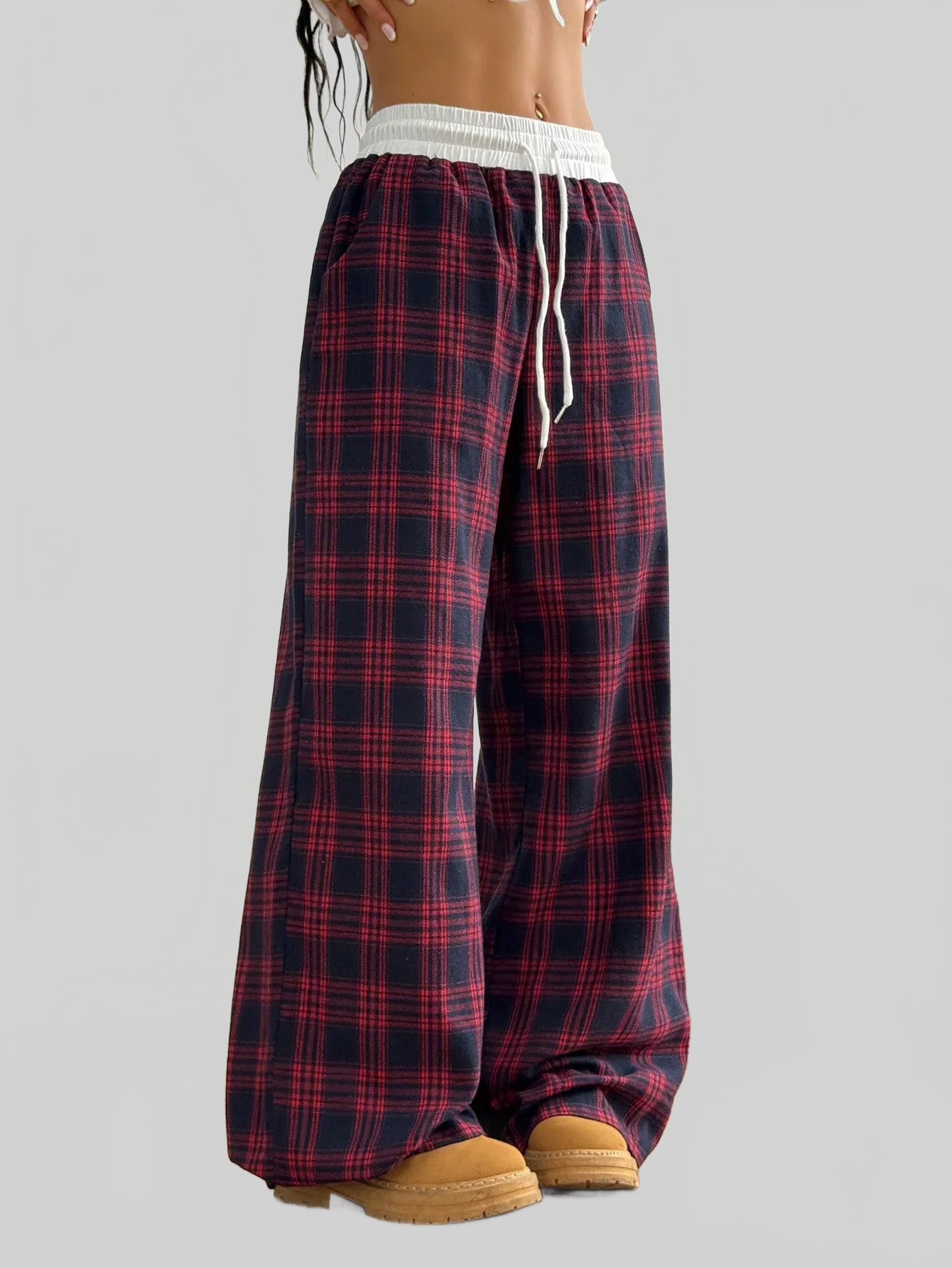 Women Plaid Wide-Leg Pants with Elastic Waistband nicholesgifts