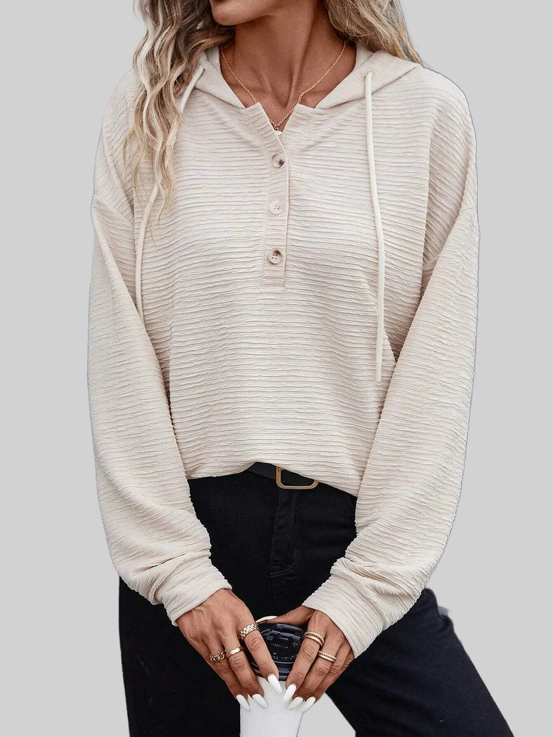 Drawstring Half Button Dropped Shoulder Hoodie NicholesGifts